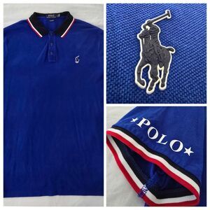Polo Ralph Lauren Shirt Mens L Blue Rubber Pony Logo Multicolor Collar Sleeve